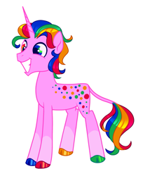 Size: 1179x1448 | Tagged: safe, artist:peaceandlove26, artist:twinklewish, derpibooru import, oc, oc only, oc:polka palooza, pony, unicorn, 2021, blank flank, cloven hooves, coat markings, colored hooves, heterochromia, hooves, horn, leg markings, leonine tail, long legs, mismatched hooves, multicolored eyes, multicolored hair, multicolored hooves, multicolored mane, old art, pink coat, rainbow hair, rainbow tail, shiny hooves, shiny mane, shiny tail, show accurate, simple background, smiling, socks (coat marking), solo, spots, tail, thin, three quarter view, unicorn horn, unicorn oc, white background