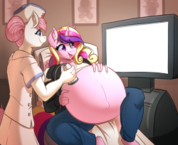 Size: 2760x2248 | Tagged: safe, alternate version, artist:witchtaunter, derpibooru import, nurse redheart, princess cadance, anthro, g4, bed, belly, big belly, clothes, commission, commissioner:reversalmushroom, crying, doctor's office, exploitable, exploitable meme, female, happy, hospital, hospital bed, indoors, meme, multiple variants, pregnant, prenatal exam, tears of joy, the secret witchtaunter vault, ultrasound