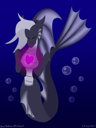 Size: 1536x2048 | Tagged: safe, artist:rockhoppr3, derpibooru import, oc, oc only, oc:ace hearts, siren, bubble, crepuscular rays, dorsal fin, eyes closed, fin, fin ears, fins, fish tail, flowing mane, flowing tail, gem, gradient background, ocean, rainbow rocks 10th anniversary, scales, sirenified, solo, species swap, sunlight, swimming, tail, underwater, water