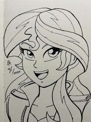 Size: 720x960 | Tagged: safe, artist:mayorlight, derpibooru import, sunset shimmer, human, equestria girls, g4, female, ink drawing, inktober 2024, monochrome, open mouth, open smile, smiling, solo, traditional art