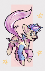 Size: 1343x2092 | Tagged: safe, artist:lonerdemiurge_nail, derpibooru import, oc, oc only, pegasus, pony, clothes, cute, flying, hoodie, smiling, solo, stars