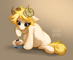 Size: 1280x1059 | Tagged: safe, artist:abyssalbites, derpibooru import, oc, oc only, pony, spider, food, gradient background, horns, muffin, ram horns, sitting, solo