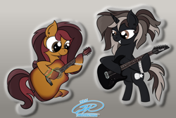 Size: 8448x5688 | Tagged: safe, artist:iamaveryrealperson, derpibooru import, oc, oc only, oc:dusk crescendo, oc:maple chord, earth pony, pony, unicorn, bracelet, closed mouth, colored, date (time), drop shadow, duo, earth pony oc, electric guitar, eyelashes, female, gradient background, gradient hooves, guitar, horn, ibanez, jewelry, lesbian, looking down, mare, multicolored hair, multicolored mane, multicolored tail, musical instrument, oc x oc, ponified, rainbow rocks 10th anniversary, shipping, signature, sitting, smiling, species swap, standing, tail, teeth, trans female, transgender, transgender oc, unicorn horn, unicorn oc, watermark