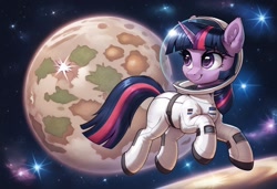 Size: 1216x832 | Tagged: safe, ai content, derpibooru import, generator:pony diffusion v6 xl, generator:stable diffusion, machine learning generated, twilight sparkle, pony, g4, ambiguous race, planet, prompter:thelight3d, solo, space, spacesuit