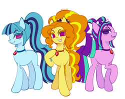 Size: 2048x1619 | Tagged: safe, artist:risswm, derpibooru import, adagio dazzle, aria blaze, sonata dusk, earth pony, pony, g4, earth pony adagio dazzle, earth pony aria blaze, earth pony sonata dusk, equestria girls ponified, female, grin, looking at you, no pupils, ponified, simple background, smiling, smiling at you, species swap, the dazzlings, trio, trio female, white background