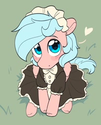 Size: 1480x1827 | Tagged: safe, artist:skysorbett, derpibooru import, oc, oc only, oc:cloud mellow, pegasus, pony, g4, blushing, clothes, crossdressing, cute, emanata, hooves together, looking at you, looking up, looking up at you, maid, maid headdress, male, sitting, solo, stallion