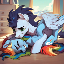 Size: 4096x4096 | Tagged: safe, ai content, derpibooru import, generator:purplesmart.ai, generator:stable diffusion, machine learning generated, rainbow dash, soarin', pegasus, pony, g4, bedroom, duo, duo male and female, embrace, female, indoors, male, playing, prompter:*rainbow dash*, shipping, soarindash, sports, straight, wrestling