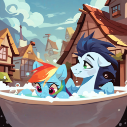 Size: 4096x4096 | Tagged: safe, ai content, derpibooru import, generator:purplesmart.ai, generator:stable diffusion, machine learning generated, rainbow dash, soarin', pegasus, pony, g4, bathing, bathing together, bubble, cute, dashabetes, duo, duo male and female, ears, female, floppy ears, male, outdoors, prompter:*rainbow dash*, shipping, soarindash, straight