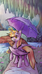 Size: 1140x2000 | Tagged: safe, artist:lonerdemiurge_nail, derpibooru import, derpy hooves, alicorn, pony, alicornified, bridge, derpicorn, flower, flower in hair, levitation, looking at you, looking back, looking back at you, magic, outdoors, race swap, rain, solo, telekinesis, umbrella, wings