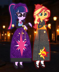 Size: 2684x3300 | Tagged: safe, artist:cartoonmasterv3, derpibooru import, sci-twi, sunset shimmer, twilight sparkle, ghost, human, undead, equestria girls, g4, clothes, dress, duo, female, glasses, haunted, japan, japanese, kimono (clothing), long dress, long skirt, maid, servant, skirt