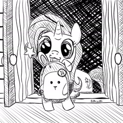 Size: 1920x1920 | Tagged: safe, artist:_butterscotch, derpibooru exclusive, derpibooru import, trixie, pony, unicorn, backpack, black and white, crosshatch, grayscale, horn, inktober, inktober 2024, magic wand, monochrome, solo, trixie's wagon, wagon