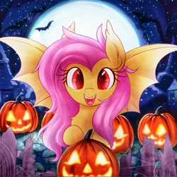 Size: 2048x2048 | Tagged: safe, artist:fluttershyanne, derpibooru import, fluttershy, bat, bat pony, pony, bat ponified, cute, female, fence, flutterbat, full moon, halloween, high res, holiday, jack-o-lantern, mare, moon, open mouth, open smile, outdoors, pumpkin, race swap, shyabates, shyabetes, smiling, solo