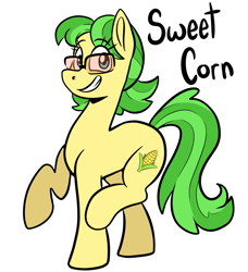 Size: 1618x1778 | Tagged: safe, artist:smirk, derpibooru import, oc, oc only, oc:sweet corn, pony, glasses, offspring, parent:caramel, parent:ms. peachbottom, simple background, smiling, solo, white background