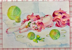 Size: 2560x1783 | Tagged: safe, artist:paradise, derpibooru import, roseluck, pony, behaving like a cat, collar, commission, commissioner:doom9454, cute, looking at you, lying down, on side, pet tag, pony pet, rosepet, traditional art, yarn, yarn ball