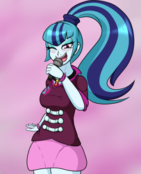 Size: 1300x1600 | Tagged: safe, artist:novaspark, derpibooru import, sonata dusk, equestria girls, g4, blushing, clothes, disguise, disguised siren, female, looking at you, microphone, rainbow rocks 10th anniversary, singing, solo