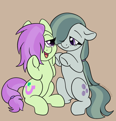 Size: 2000x2100 | Tagged: safe, artist:leopardsnaps, derpibooru import, marble pie, oc, oc:lavender charm, earth pony, alternate hairstyle, brown background, cute, duo, ears, earth pony oc, female, floppy ears, high res, looking at each other, looking at someone, mare, mother and child, mother and daughter, offspring, older, older marble pie, open mouth, parent and child, parent:marble pie, parent:trouble shoes, parents:marbleshoes, ponytail, raised hooves, simple background, smiling, smiling at each other, tail, tied tail