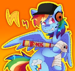 Size: 2748x2574 | Tagged: safe, artist:dragonite1128, derpibooru import, rainbow dash, pegasus, pony, g4, bandage, baseball bat, bonk, cap, female, gradient background, hat, headset mic, high res, mare, outline, rainbow scout, scout (tf2), smiling, solo, team fortress 2, wings