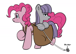 Size: 1800x1298 | Tagged: safe, artist:opalacorn, derpibooru import, boulder (pet), maud pie, pinkie pie, earth pony, pony, g4, bag, duo focus, female, mare, pie sisters, saddle bag, siblings, simple background, sisters, trio, white background