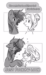 Size: 2519x4076 | Tagged: safe, artist:opalacorn, derpibooru import, oc, oc only, oc:silver stream, oc:void, alicorn, pegasus, pony, zebra, 2 panel comic, black and white, bust, comic, dialogue, duo, duo male and female, ears, female, floppy ears, grayscale, male, mare, monochrome, nose piercing, nose ring, panic, piercing, shaking, simple background, speech bubble, stallion, sweat, vulgar, white background, yelling, zebra alicorn