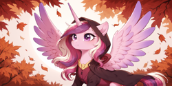 Size: 2400x1200 | Tagged: safe, ai content, derpibooru import, machine learning generated, princess cadance, alicorn, pony, autumn, bust, cloak, clothes, female, leaves, mare, outdoors, portrait, prompter:greesys, solo, spread wings, vest, wallpaper