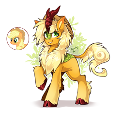 Size: 2665x2477 | Tagged: safe, artist:buvanybu, derpibooru import, applejack, kirin, pony, g4, cloven hooves, cowboy hat, cute, female, hat, jackabetes, kirin applejack, kirin-ified, kirinbetes, mare, raised hoof, raised leg, simple background, solo, species swap, unshorn fetlocks, white background