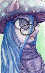 Size: 1451x2333 | Tagged: safe, artist:buttercupsaiyan, derpibooru import, oc, oc only, oc:jellycap, pony, clothes, female, glasses, hypnosis, long hair, mushroom, open mouth, purple, solo, sweater, swirly eyes, traditional art, turtleneck