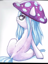 Size: 1930x2537 | Tagged: safe, artist:buttercupsaiyan, derpibooru import, oc, oc only, oc:jellycap, pony, female, glasses, mare, marker, mushroom, purple, sitting, solo, traditional art