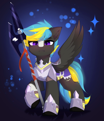 Size: 4167x4829 | Tagged: safe, artist:empress-twilight, derpibooru import, oc, oc only, oc:tornado turbulence, pegasus, pony, armor, cheek fluff, commission, ear fluff, ears, eye clipping through hair, eyebrows, eyebrows visible through hair, looking at you, male, pegasus oc, raised hoof, raised leg, sparkles, spread wings, stallion, tail, wings, ych result