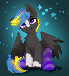 Size: 3811x4155 | Tagged: safe, artist:empress-twilight, derpibooru import, oc, oc only, oc:tornado turbulence, pegasus, pony, cheek fluff, chest fluff, clothes, commission, ear fluff, ears, eye clipping through hair, eyebrows, eyebrows visible through hair, looking at you, male, partially open wings, pegasus oc, sitting, smiling, smiling at you, socks, solo, sparkles, stallion, striped socks, tail, unshorn fetlocks, wings, ych result