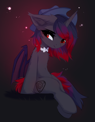 Size: 2722x3512 | Tagged: safe, artist:empress-twilight, derpibooru import, oc, oc only, oc:nocturnal, alicorn, bat pony, bat pony alicorn, pony, bat pony alicorn oc, bat wings, belly, belly button, blushing, bowtie, cheek fluff, chest fluff, commission, ear fluff, ears, eye clipping through hair, eyebrows, eyebrows visible through hair, hat, horn, male, necktie, partially open wings, sitting, smiling, solo, stallion, tail, wings, ych result