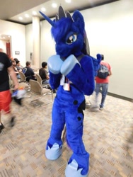 Size: 720x960 | Tagged: safe, artist:atalonthedeer, derpibooru import, princess luna, alicorn, human, convention, fursuit, indoors, irl, irl human, photo, ponysuit, solo focus