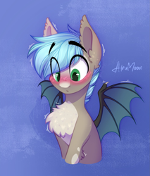 Size: 1423x1668 | Tagged: safe, artist:alrumoon_art, derpibooru import, oc, oc only, oc:white phosphor, bat pony, pony, bat pony oc, blue background, blushing, chest fluff, cute, ear fluff, ears, eye clipping through hair, male, simple background, solo, spread wings, stallion, wings