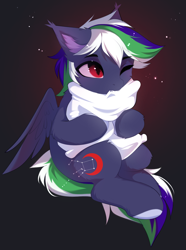 Size: 2705x3634 | Tagged: safe, artist:empress-twilight, derpibooru import, oc, oc only, oc:meniscus penumbra, pegasus, pony, commission, ear fluff, ear tufts, ears, fangs, female, hug, mare, one eye closed, partially open wings, pegasus oc, pillow, pillow hug, sitting, slit eyes, solo, tail, wings, ych result