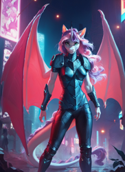 Size: 1024x1408 | Tagged: safe, ai content, derpibooru import, generator:pony diffusion v6 xl, generator:stable diffusion, machine learning generated, sweetie belle, anthro, dragon, hybrid, g4, armor, breasts, city, dragon tail, dragon wings, female, futuristic, neon, night, outdoors, prompter:star-dragon, science fiction, solo, spread wings, sweetie boobs, tail, wings