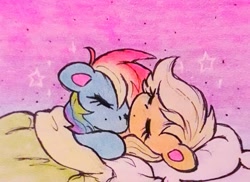 Size: 2048x1487 | Tagged: safe, artist:flutterberrypie, derpibooru import, applejack, rainbow dash, earth pony, pegasus, pony, g4, appledash, blanket, cute, dashabetes, duo, duo female, eyes closed, female, jackabetes, lesbian, mare, pillow, shipping, sleeping, sleeping together