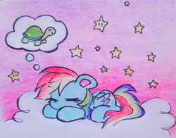 Size: 2047x1608 | Tagged: safe, artist:flutterberrypie, derpibooru import, rainbow dash, tank, pegasus, pony, g4, cloud, cute, dashabetes, dream, dream bubble, eyes closed, female, folded wings, lying down, lying on a cloud, mare, on a cloud, sleeping, sleeping on a cloud, solo, stars, tail, tankabetes, thought bubble, wings