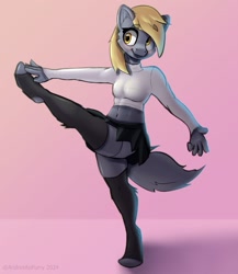 Size: 1040x1200 | Tagged: safe, artist:andresito, derpibooru import, derpy hooves, anthro, pegasus, g4, blushing, clothes, derp, gradient background, leggings, lightly watermarked, midriff, skirt, solo, sweater, watermark, zettai ryouiki