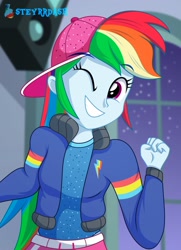 Size: 1086x1500 | Tagged: safe, artist:steyrrdash, derpibooru exclusive, derpibooru import, rainbow dash, human, equestria girls, g4, baseball cap, cap, clothes, cute, dashabetes, feminism, hat, indoors, jacket, rainbow sass, solo, tomboy