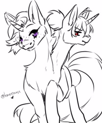 Size: 1800x2160 | Tagged: safe, artist:illustra, derpibooru import, oc, oc only, pony, unicorn, black and white, conjoined, conjoined twins, duo, eyebrows, eyebrows visible through hair, grayscale, heart, horn, looking at you, monochrome, multiple heads, one eye closed, purple eyes, raised hoof, raised leg, red eyes, signature, simple background, unicorn oc, white background