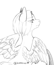 Size: 1067x1280 | Tagged: safe, artist:illustra, derpibooru import, oc, oc only, pony, black and white, bust, eye clipping through hair, eyebrows, eyebrows visible through hair, female, female oc, grayscale, heart, looking at you, mare, mare oc, monochrome, rear view, signature, simple background, sketch, solo, spread wings, white background, wings