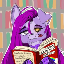 Size: 1024x1024 | Tagged: safe, artist:illustra, derpibooru import, oc, oc only, oc:choy, pony, unicorn, black sclera, book, bookshelf, bust, clothes, ear piercing, ears, female, female oc, floppy ears, golden eyes, heterochromia, hoof hold, horn, looking at you, mare, mare oc, piercing, reading, signature, solo, tongue, tongue out, unicorn oc