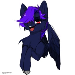 Size: 1024x1024 | Tagged: safe, artist:illustra, derpibooru import, oc, oc only, oc:moonlight, pegasus, pony, blue coat, bust, chest fluff, eyebrows, eyebrows visible through hair, female, female oc, looking at you, mare, mare oc, pegasus oc, red eyes, signature, simple background, sketch, solo, spread wings, tongue, tongue out, unshorn fetlocks, white background, wings