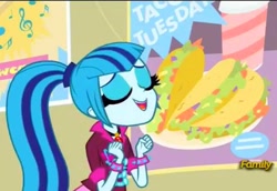 Size: 602x414 | Tagged: safe, derpibooru import, screencap, sonata dusk, equestria girls, g4, rainbow rocks, blue eyeshadow, cute, eyeshadow, food, happy, makeup, sonatabetes, sonataco, taco, taco tuesday, that girl sure loves tacos, that siren sure does love tacos