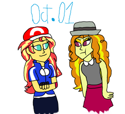 Size: 4500x4094 | Tagged: safe, artist:horroraceman93, derpibooru import, adagio dazzle, serena, sunset shimmer, equestria girls, g4, adagio dazzle is not amused, ash ketchum, clothes, cosplay, costume, female, lesbian, pokémon, pokémon x and y, ship:sunsagio, shipping, unamused