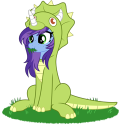 Size: 4300x4400 | Tagged: safe, artist:clubvixen, derpibooru import, oc, oc only, oc:cher nobyl, dinosaur, pony, unicorn, animal costume, clothes, costume, dinosaur costume, grass, horn, horses doing horse things, kigurumi, simple background, solo, transparent background, triceratops