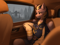 Size: 4300x3200 | Tagged: safe, artist:miurimau, derpibooru import, oc, oc only, oc:violett spectrum, pegasus, pony, semi-anthro, car, car interior, city, pegasus oc, sitting, solo, warhammer (game), warhammer 40k