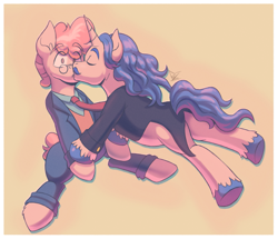 Size: 2639x2265 | Tagged: safe, artist:bkiltersot, derpibooru import, fancypants, svengallop, earth pony, pony, unicorn, g4, clothes, duo, duo male, fancygallop, floating, gay, glasses, holding hooves, horn, kissing, male, necktie, passepartout, shipping, stallion