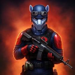 Size: 1024x1024 | Tagged: safe, ai content, derpibooru import, machine learning generated, anthro, earth pony, assault rifle, clothes, cobra the enemy, cobra viper, cosplay, costume, g.i. joe, generator:google imagen 3.0, gradient background, gun, male, prompter:zerowinger, rifle, solo, weapon