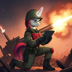 Size: 1024x1024 | Tagged: safe, ai content, derpibooru import, machine learning generated, moondancer, anthro, plantigrade anthro, unicorn, g4, artillery, body armor, clothes, cosplay, costume, female, g.i. joe, generator:google imagen 3.0, glowing, glowing horn, grand slam, helmet, horn, kneeling, prompter:zerowinger, solo