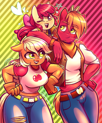 Size: 1441x1749 | Tagged: safe, artist:xconito, derpibooru import, apple bloom, applejack, big macintosh, anthro, earth pony, g4, apple siblings, apple sisters, applerack, breasts, brother and sister, clothes, female, gloves, hand on hip, heart, male, one eye closed, siblings, sisters, smiling, trio, wink